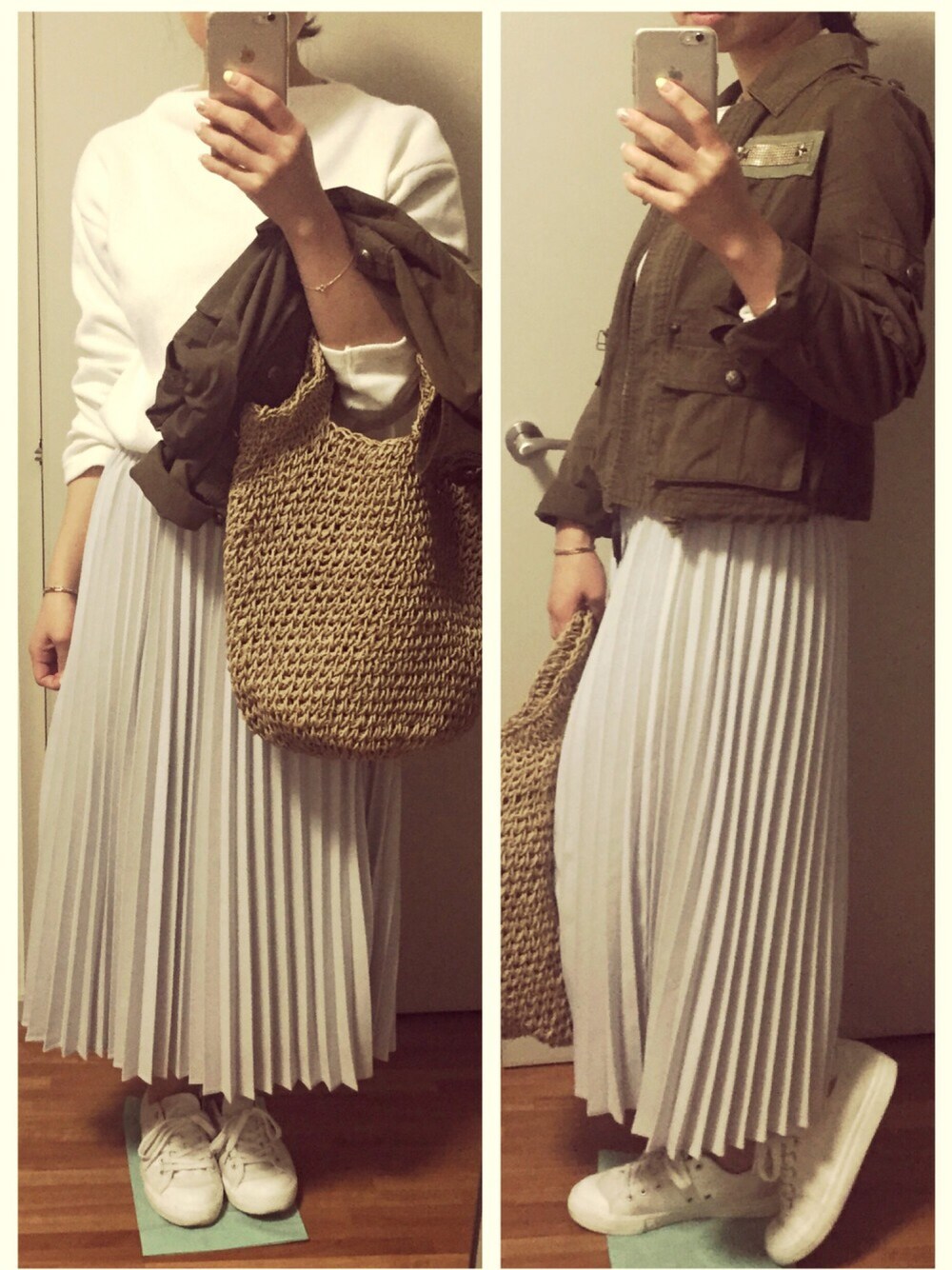 ホワイト系のニット/セーター、グレー系のスカート、グリーン系のミリタリージャケットを着用したレディースの春コーディネートの1枚目の写真