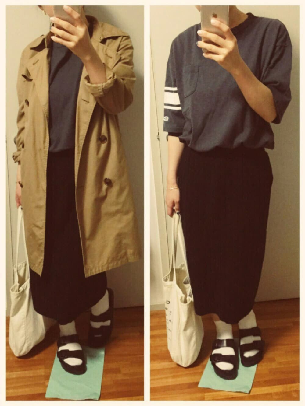 ブラック系のTシャツ/カットソー、ブラック系のスカート、ベージュ系のトートバッグを着用したレディースの春コーディネートの1枚目の写真