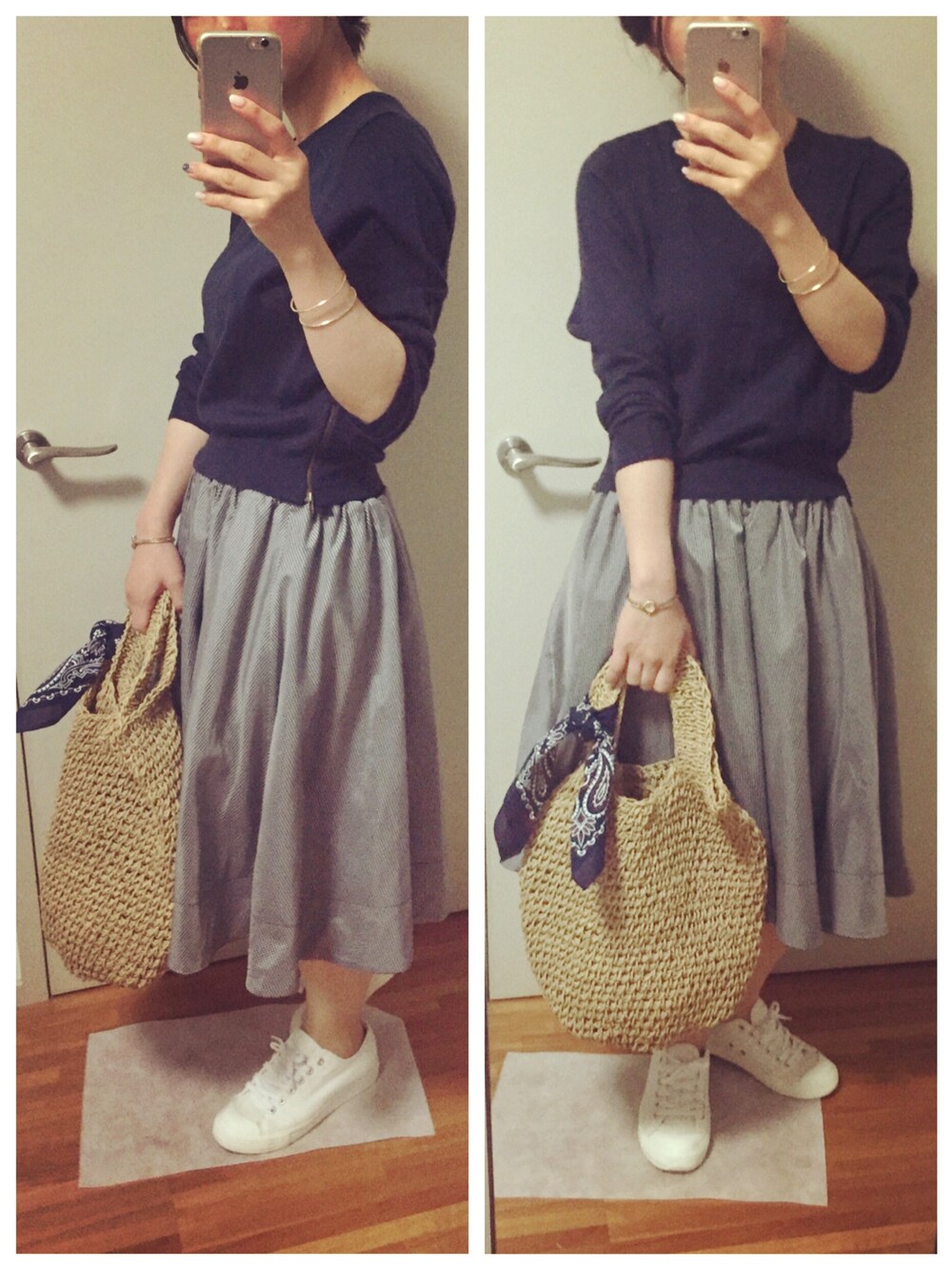 ブルー系のニット/セーター、グリーン系のスカート、ホワイト系のスニーカーを着用したレディースの春コーディネートの1枚目の写真