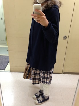 「アイテム（シャツワンピース、レッド系）」を使った、ぐるみさん（レディース・172cm）の冬コーディネート