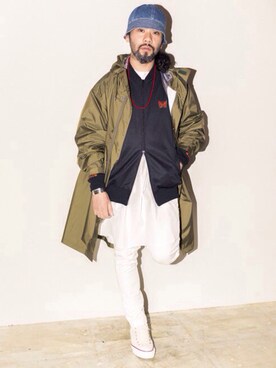 「オリーブ」｜「アイテム（モッズコート）」を使った、BEAMS BUYER TANY 谷篤人さん（メンズ・168cm）の冬コーディネート