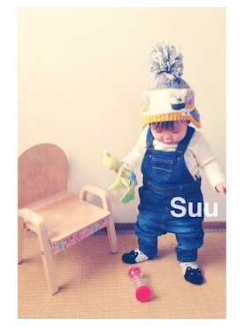 「インディゴデニム」｜「アイテム（サロペット/オーバーオール）」を使った、fuusuuさん（キッズ・80cm）の冬コーディネート