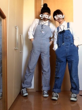 「お揃いコーデ」｜「アイテム（サロペット/オーバーオール）」を使った、まるんぬ。さん（レディース・160cm）の春コーディネート