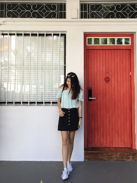 「MANGO（マンゴ）のアイテム（トップス、グリーン系）」を使った、Katie さん（レディース・172cm）の夏コーディネート