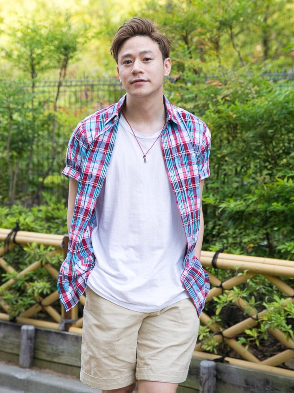 「patagonia、oldnavy、七三分けヘアー」｜「OLD NAVYのチェックシャツ（シャツ/ブラウス、ブルー系）」を使った、ICCHOさん（メンズ・170cm）の夏コーディネートの1枚目の写真