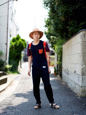 「N.HOOLYWOOD（N.ハリウッド）のアイテム（サンダル）」を使った、ICCHOさん（メンズ・170cm）の夏コーディネート
