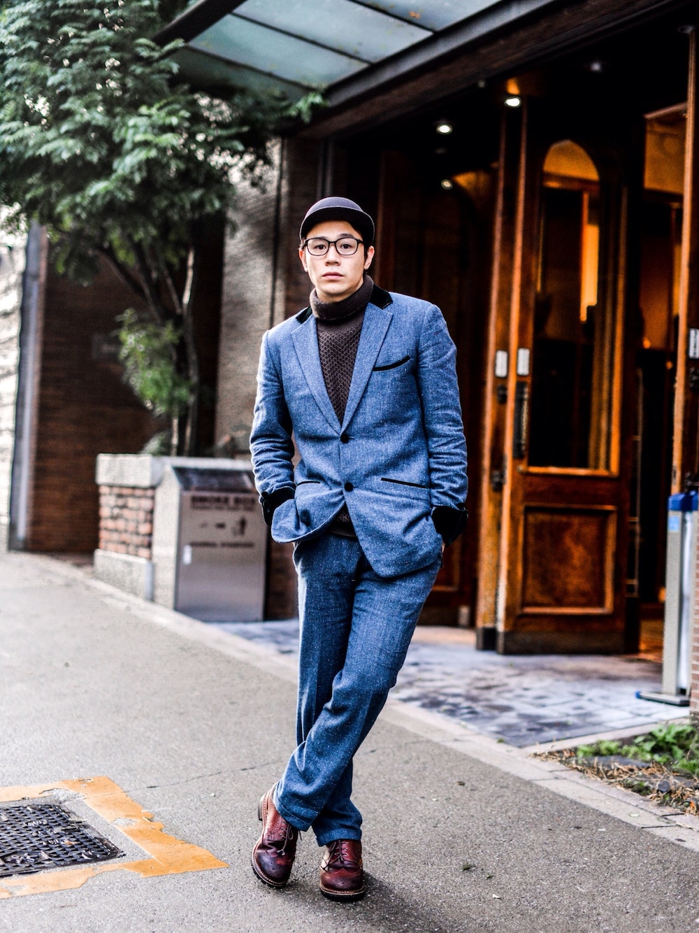 「セットアップ」｜「SASQUATCHfabrix.のアイテム（テーラードジャケット、ブルー系）」を使った、ICCHOさん（メンズ・170cm）の冬コーディネートの1枚目の写真