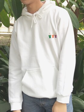 「editpaperのアイテム（パーカー、ホワイト系）」を使った、kaedeさん（メンズ・182cm）の春コーディネート