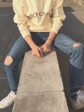 「chancechance（チャンスチャンス）のアイテム（パーカー、ホワイト系）」を使った、kaedeさん（メンズ・182cm）の春コーディネート