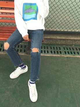 「editpaperのアイテム（パーカー、ホワイト系）」を使った、kaedeさん（メンズ・182cm）の春コーディネート