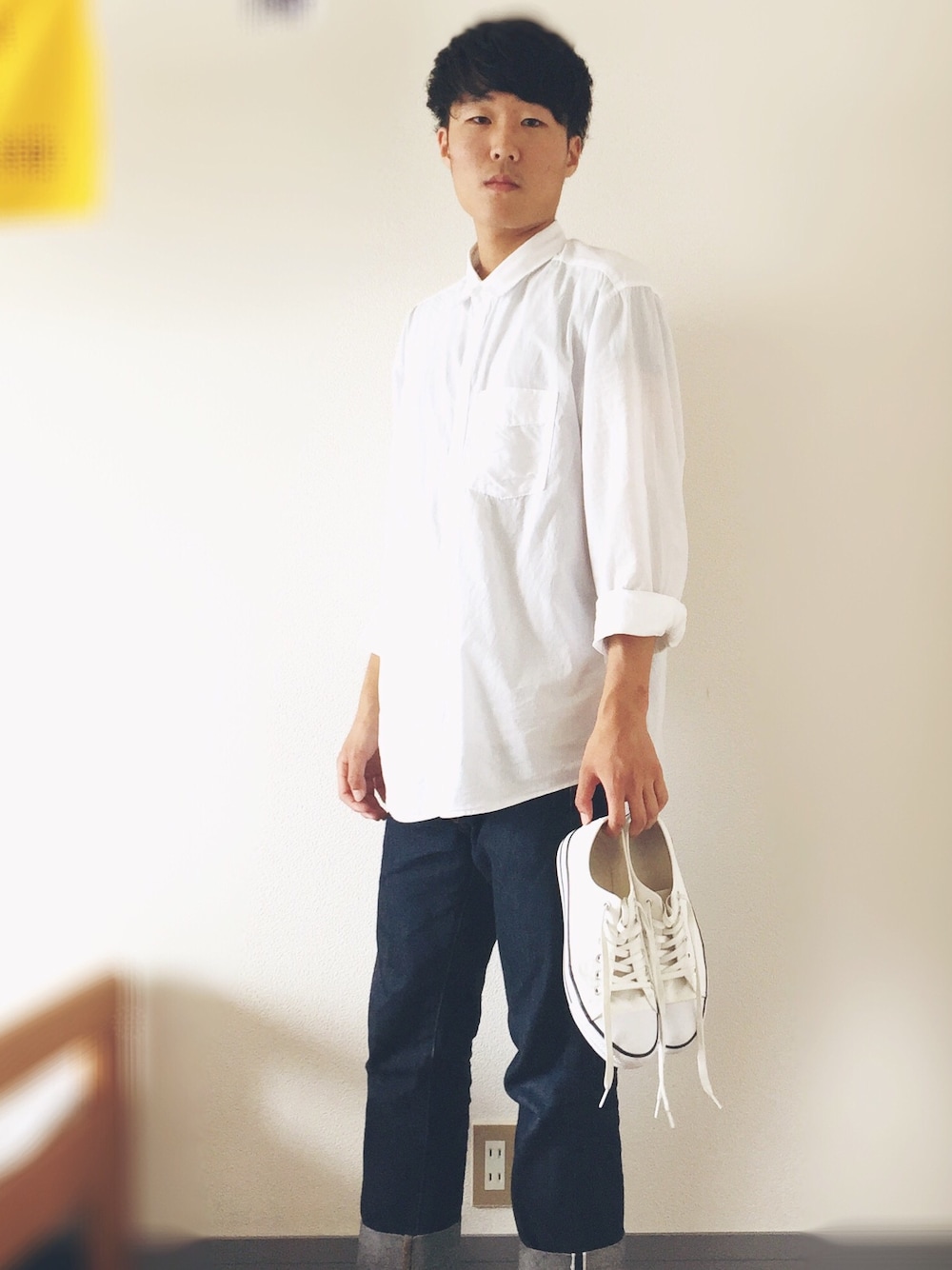 「安くお洒落に。、きれいめカジュアル、マッシュヘア、H&M、UNIQLO、GU」｜「GUのアイテム（スニーカー、ホワイト系）」を使った、Renさん（メンズ・174cm）の夏コーディネートの1枚目の写真