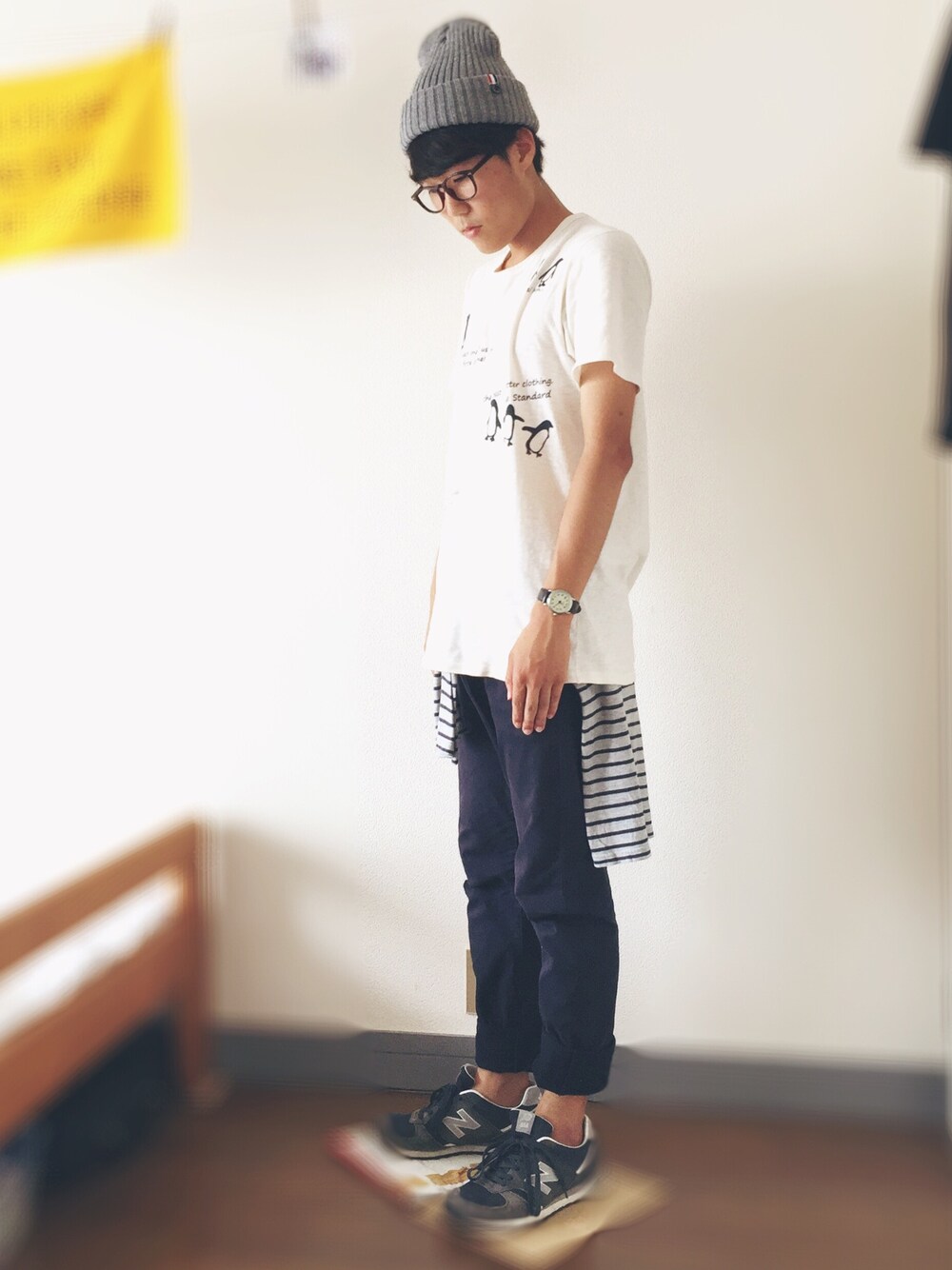 「安くお洒落に。、きれいめカジュアル、腰巻きスタイル、古着、BLUE STANDARD、GAP、UNIQLO、New Balance」｜「NEW BALANCEのNEW BALANCE  ニューバランス　M574（スニーカー、ブルー系）」を使った、Renさん（メンズ・174cm）の夏コーディネートの1枚目の写真