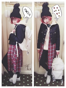 「チュールニット帽」｜momocoさん（レディース・157cm）の冬コーディネート