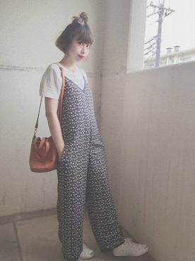 「ハーフアップ」｜「アイテム（オールインワン・サロペット）」を使った、momocoさん（レディース・157cm）の夏コーディネート