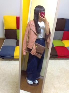 「切りっぱなし」｜「アイテム（ライダースジャケット）」を使った、momoさん（レディース・148cm）の秋コーディネート