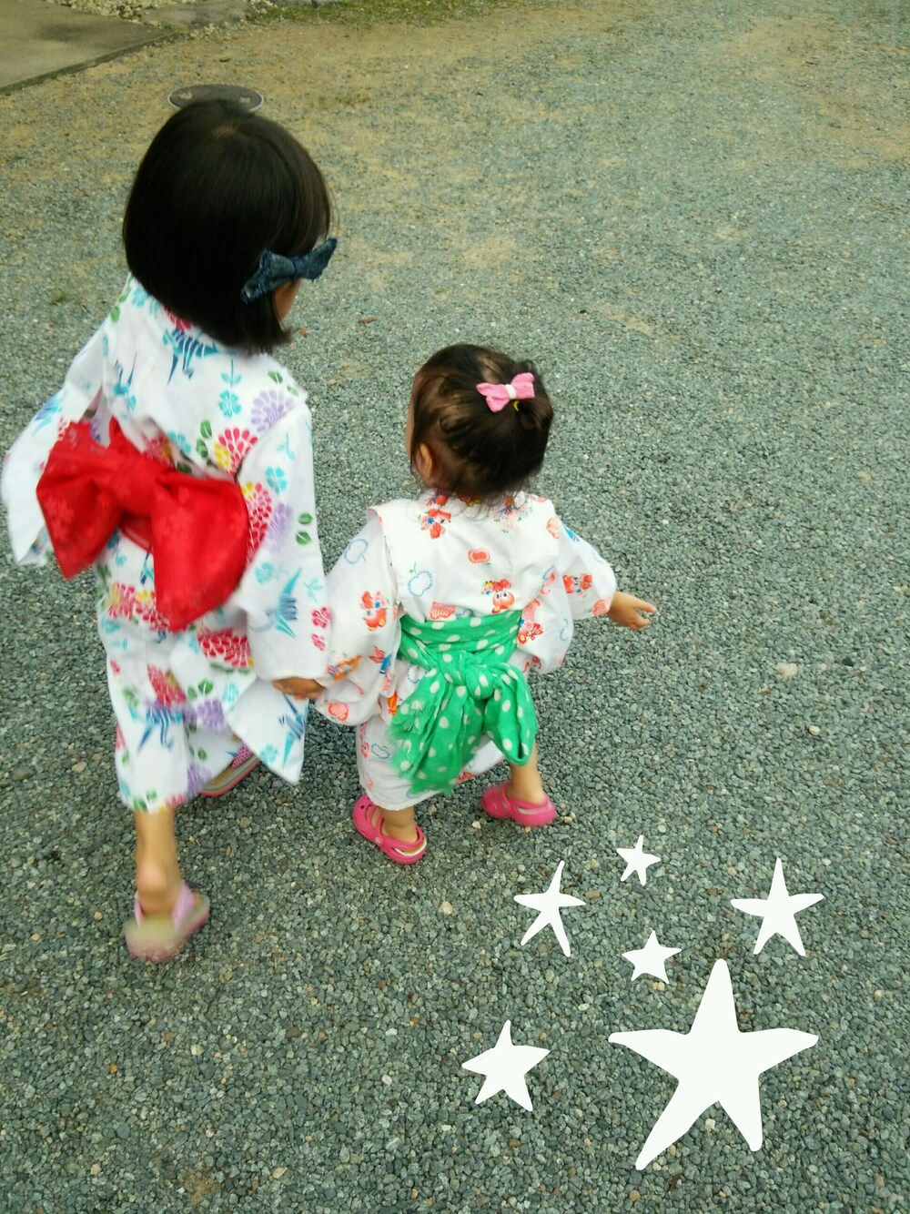「浴衣、夏祭り、姉妹コーデ、昭和、レトロ、女の子、古着、お下がり」｜「帯Gapストールのアイテム（水着/着物・浴衣、グリーン系）」を使った、Hiyoさん（キッズ・100cm）の夏コーディネートの1枚目の写真