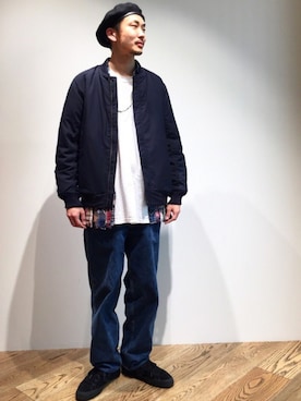 「MONKEY TIME（モンキータイム）のアイテム（ハンチング/ベレー帽）」を使った、Junji Horiiさん（メンズ・181cm）の秋コーディネート