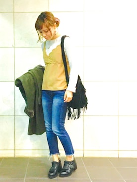 「Ungrid（アングリッド）のインディゴフレイドヘムストスリ（デニムパンツ）」を使った、MAIKOさん（レディース・155cm・20代）の春コーディネート