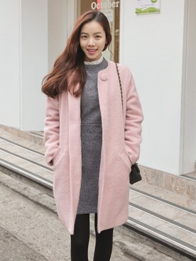 「アイテム（ノーカラージャケット、ピンク系）」を使った、bagazimuriさん（レディース・164cm）の冬コーディネート