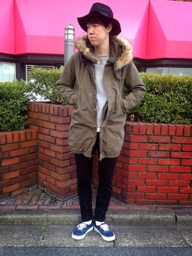 「ツバ広ハット」｜「アイテム（モッズコート）」を使った、T.Takahashiさん（メンズ・184cm）の冬コーディネート