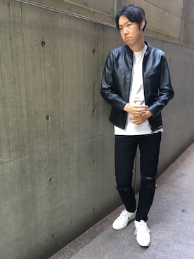 「アイテム（ライダースジャケット）」を使った、T.Takahashiさん（メンズ・185cm）の秋コーディネート