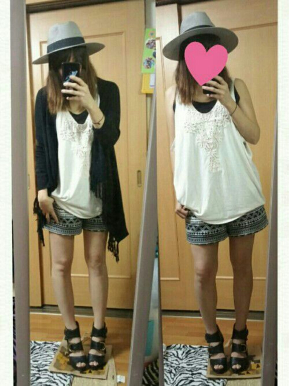 ホワイト系のその他パンツ、ホワイト系のチュニック、ブラック系のカーディガン/ボレロを着用したレディースの夏コーディネートの1枚目の写真