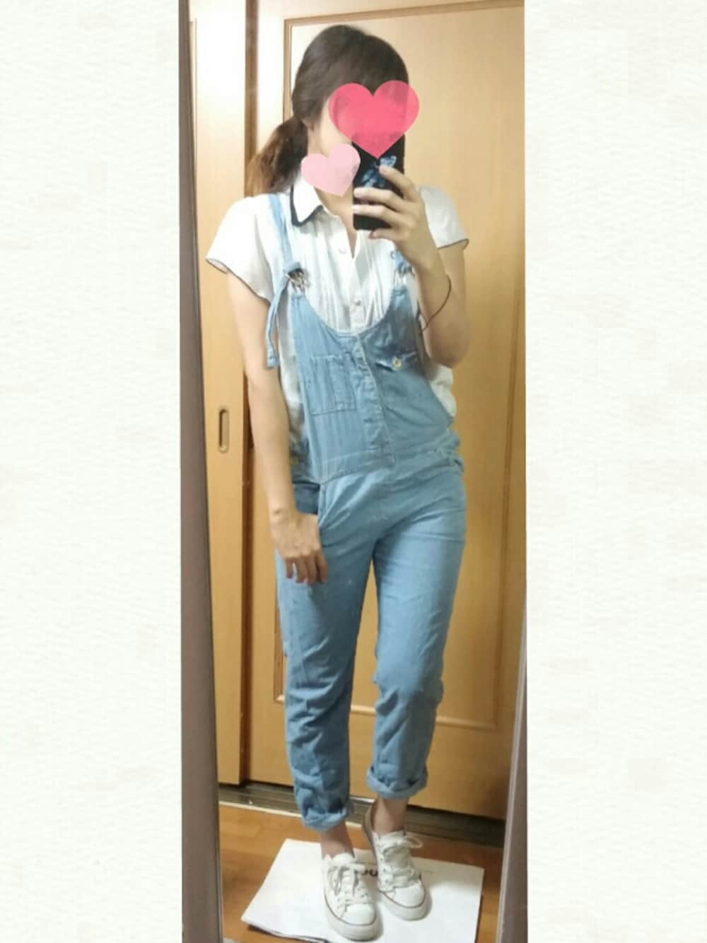 「サロペット、ダブルクローゼット、ブラウス、スニーカー、シンプルコーデ、カジュアル」｜「w closetのアイテム（サロペット/オーバーオール、ブルー系）」を使った、あおさん（レディース・167cm）の夏コーディネートの1枚目の写真