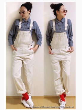 「白デニム」｜「アイテム（サロペット/オーバーオール）」を使った、Tiffee さん（レディース・173cm）の春コーディネート