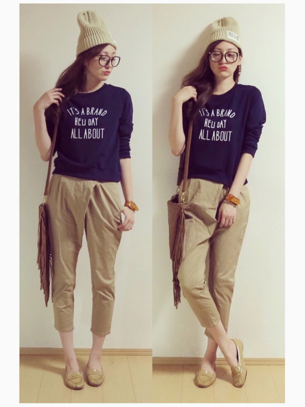 ベージュ系のその他パンツ、ブルー系のスウェット、ブルー系のスウェットを着用したレディースの夏コーディネートの1枚目の写真