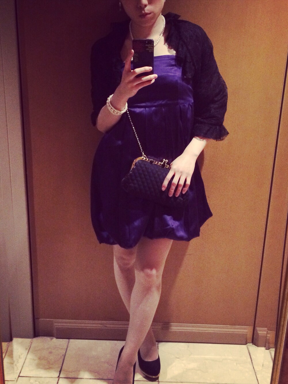 「ワンピース、ヒール、結婚式、パープル、結婚式2次会スタイル」｜「ZARAのアイテム（パンプス、ブラック系）」を使った、Yun1096さん（レディース・153cm）の春コーディネートの1枚目の写真
