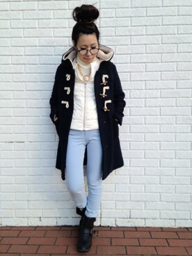 「ロング丈ダッフル」｜「アイテム（ノーカラージャケット）」を使った、#GU  STAFF erikaさん（レディース・154cm）の冬コーディネート