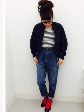 「マムジーンズ」｜#GU  STAFF erikaさん（レディース・154cm）の冬コーディネート