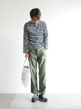 「アイテム（デニムパンツ、グリーン系）」を使った、washidaさん（メンズ・176cm）の秋コーディネート