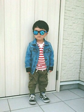 「ZARA（ザラ）のアイテム（ジャケット/アウター、ブルー系）」を使った、ReeRyoさん（キッズ・130cm）の春コーディネート