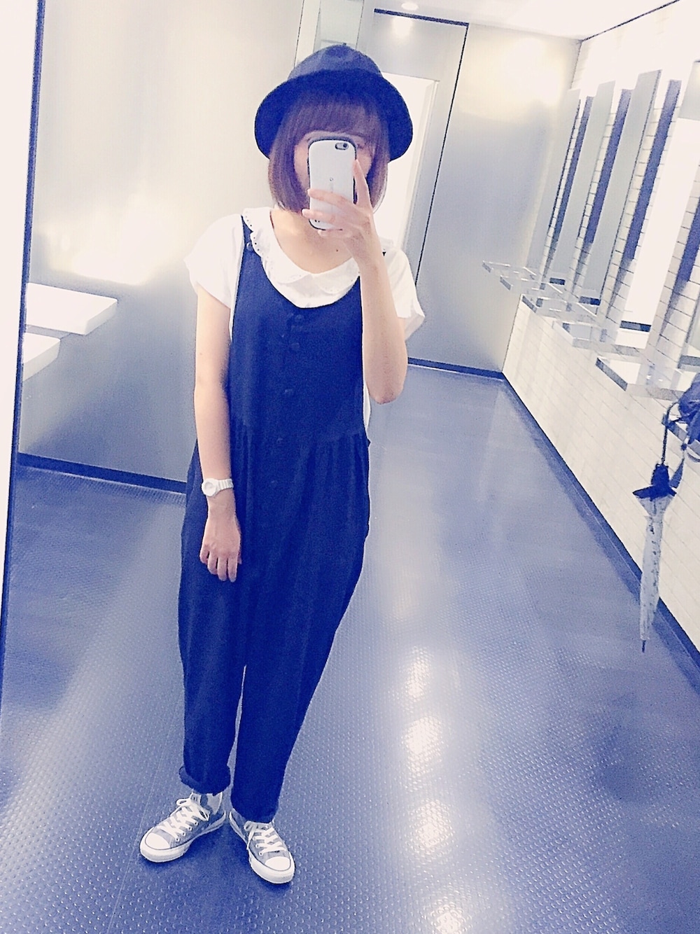 「オールインワン、古着」｜「KAKA☆VAKAのアイテム（つなぎ/オールインワン、ブラック系）」を使った、みはるさん（レディース・163cm）の夏コーディネートの1枚目の写真