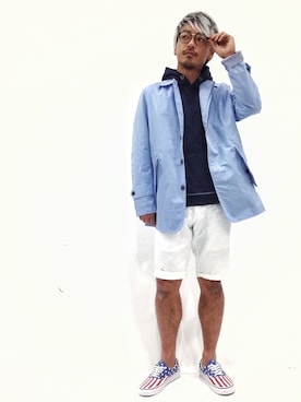 「サックスブルー」｜「アイテム（ステンカラーコート）」を使った、FIVEDAYCITYさん（メンズ・171cm）の春コーディネート