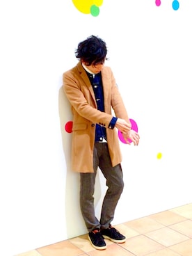 「Gジャン×タートルネック」｜「アイテム（チェスターコート）」を使った、えじるさん（メンズ・178cm）の冬コーディネート