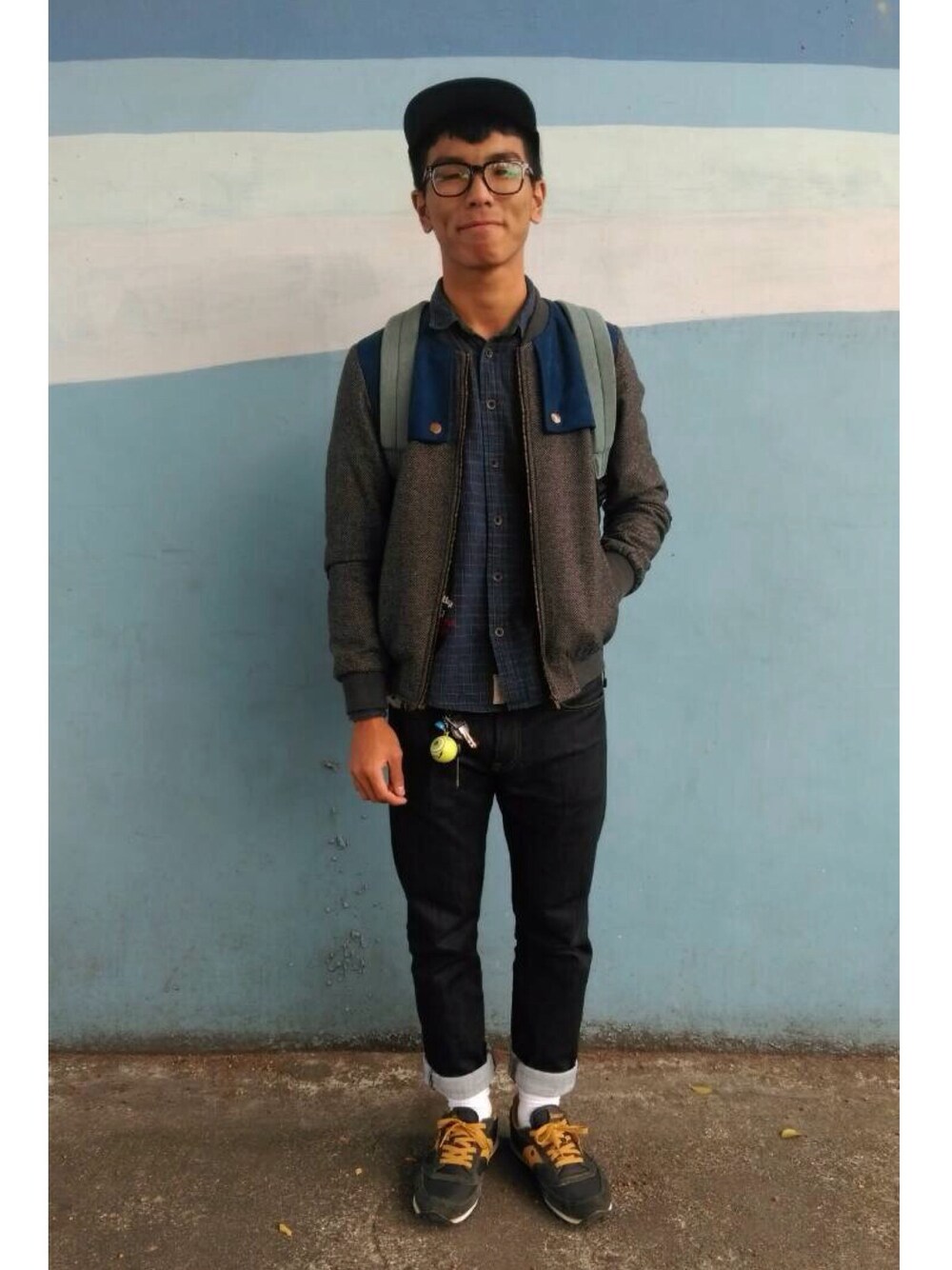「blue、plain-me、pureego、adlib、hat、shirts」｜「PUREEGOのアイテム（キャップ、グレー系）」を使った、Felixさん（メンズ・172cm）の秋コーディネートの1枚目の写真