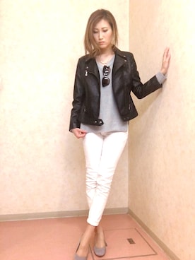 「大人シンプル」｜「アイテム（ライダースジャケット）」を使った、--Aki--さん（レディース・167cm）の春コーディネート