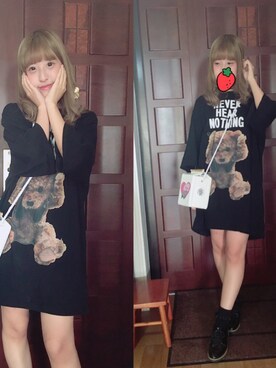 「MILKBOY（ミルクボーイ）のNEVER HEAR BEAR Tシャツ（Tシャツ/カットソー）」を使った、Marukoさん（レディース・155cm）の夏コーディネート