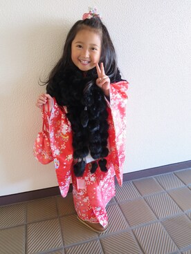 「アイテム（水着/着物・浴衣、レッド系）」を使った、popuuuさん（キッズ・110cm）の冬コーディネート