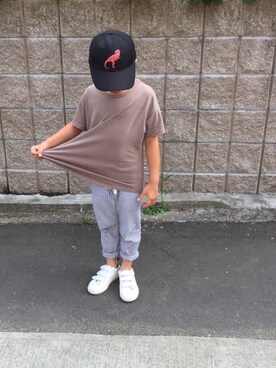 「Mini Rodini（ミニロディーニ）のアイテム（キャップ）」を使った、dadandanさん（キッズ・125cm）の夏コーディネート