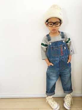 「green label relaxing（グリーンレーベルリラクシング）のアイテム（オールインワン・サロペット）」を使った、yさん（キッズ・90cm）の春コーディネート