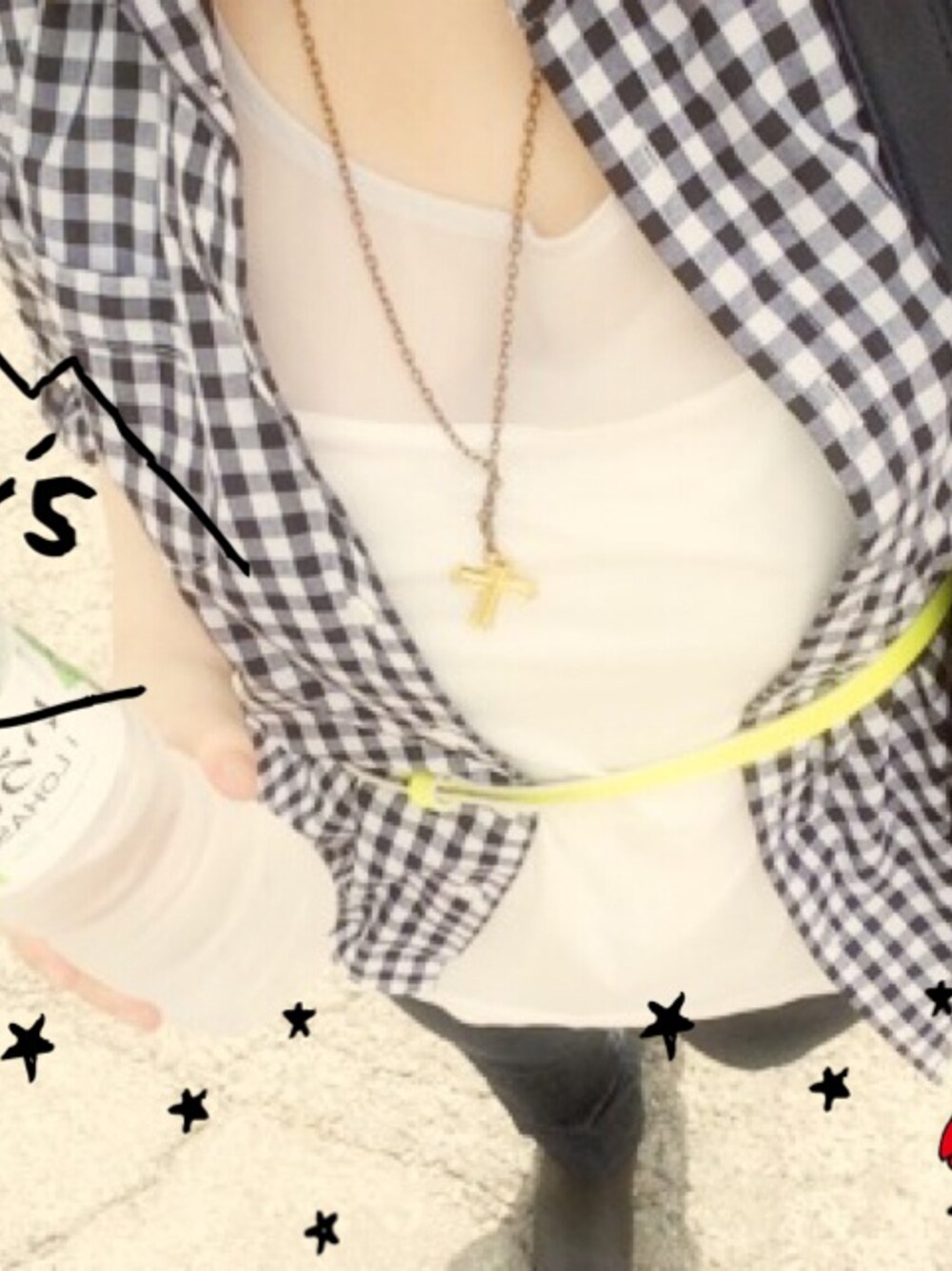 「パンツ、ブーティ、チェックシャツ、アクセサリー、タンクトップ、パンツスタイル、シースルー」｜「?の台湾に帰った時に購入.（ブーティ、ブラック系）」を使った、KIRA✡さん（レディース・145cm）の夏コーディネートの1枚目の写真