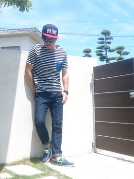 「FREDY&GLOSTER（フレディアンドグロスター）のアイテム（Tシャツ/カットソー）」を使った、ジャっきーさん（メンズ・177cm）の夏コーディネート