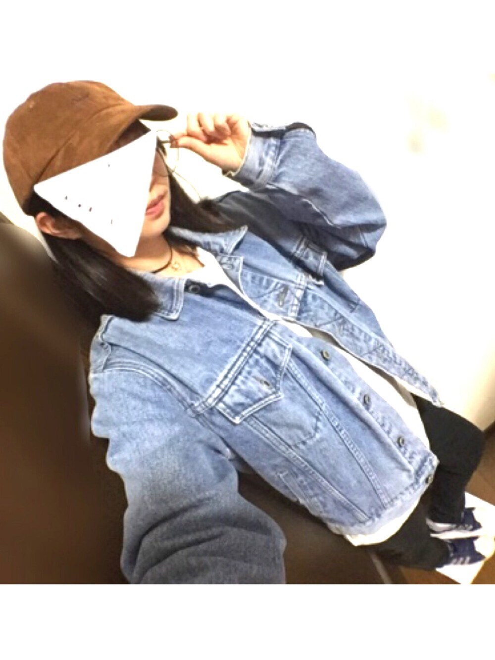 「ジージャン、キャップ、チョーカー、ﾏﾙﾒｶﾞﾈ、丸メガネ」｜「adidasのadidas Originals / SUPERSTAR（スニーカー、ブルー系）」を使った、sak!さん（レディース・159cm）の秋コーディネートの1枚目の写真
