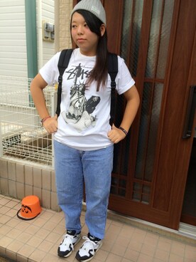 「STUSSY（ステューシー）のアイテム（Tシャツ/カットソー、ホワイト系）」を使った、yuuさん（レディース・162cm）の夏コーディネート