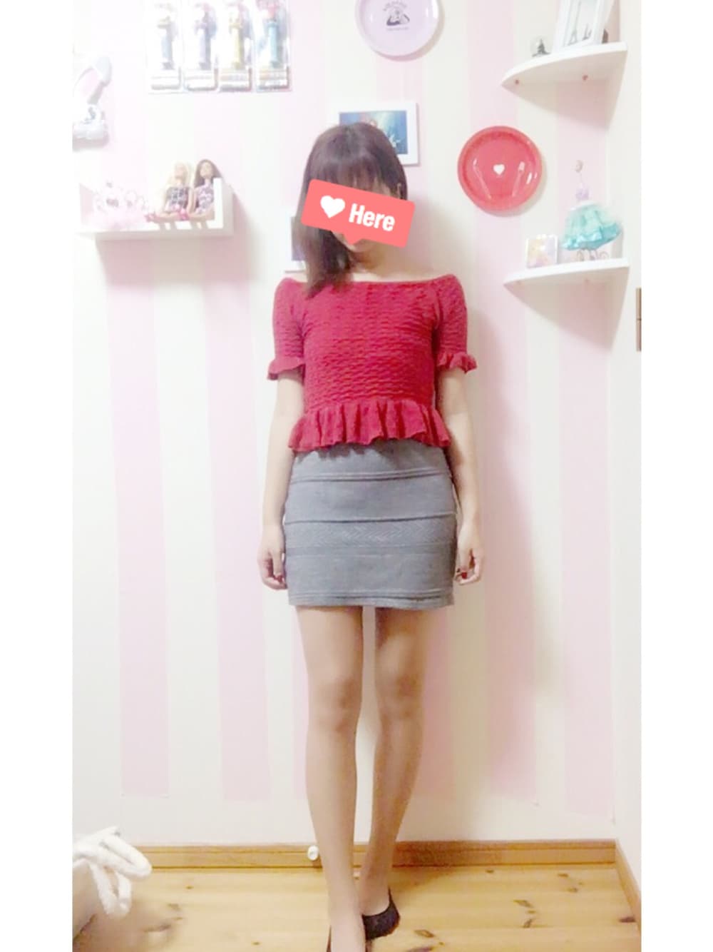「knit、red、fashion、ootd、タイトスカート、オフショルニット、titty&Co.、duras」｜「TITTY&CO.の【andGIRL,Ray掲載】オフショルニットトップス（ニット/セーター、レッド系）」を使った、YNB48なつぼっち。さん（レディース・154cm）の秋コーディネートの1枚目の写真