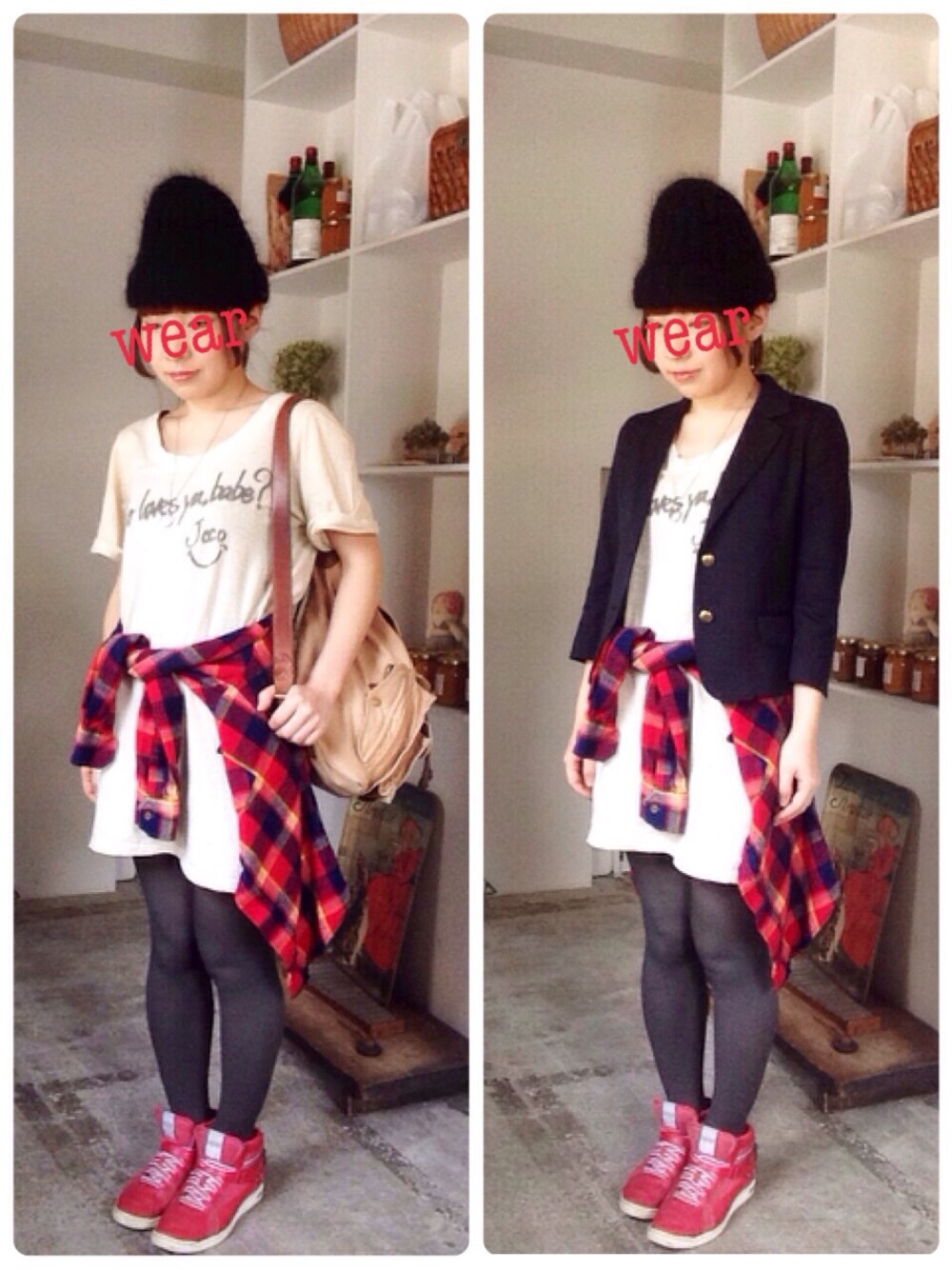 「スニーカー、プレッピー、ニット帽、inpaichthys kerri、入学式、お花見、腰巻きスタイル、ロングTシャツ、大きめリュック」｜「KINのTシャツワンピ（チュニック、ベージュ系）」を使った、sanさん（レディース・155cm）の春コーディネートの1枚目の写真