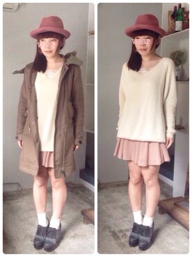 「Vネック」｜「アイテム（モッズコート）」を使った、sanさん（レディース・155cm）の春コーディネート